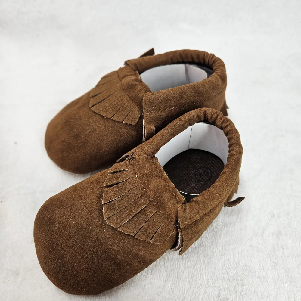 Meckior Baby Moccasins Size 2 Brown Faux Leather Tassel Soft Sole Crib Shoes NEW